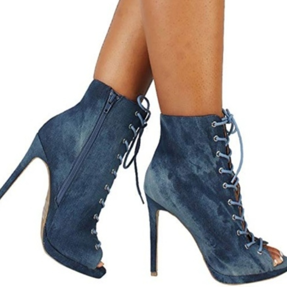 ONLY 2 LEFT! Wild Diva Denim Lace Up Bootie - Picture 2 of 6